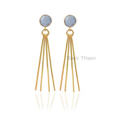 Rainbow Moonstone Earrings, Rainbow 9mm Round Gemstone Drop Earrings, Gold Plated 925 Sterling Silver Earrings, Long Bar Earrings, Gift For Women